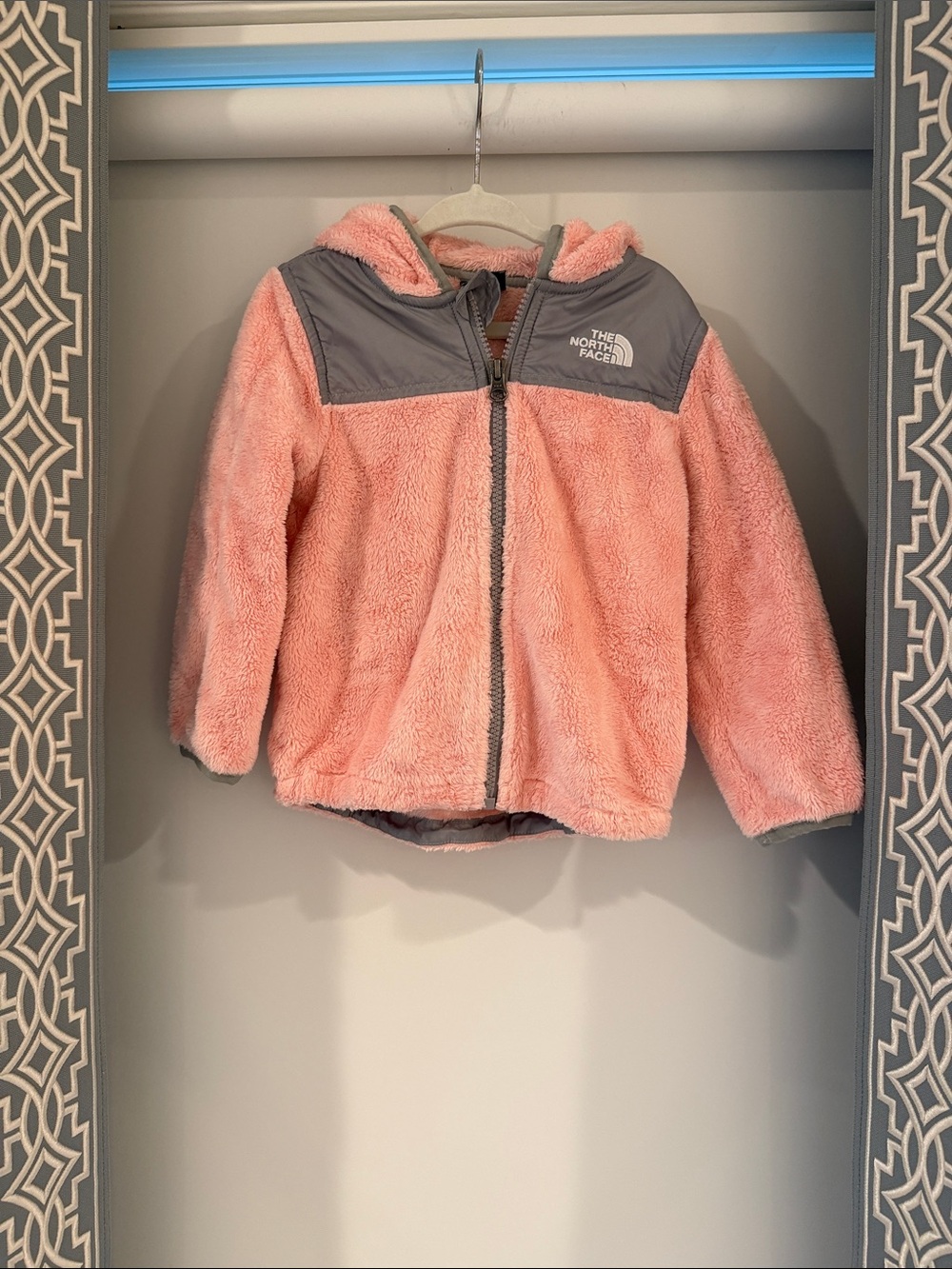 The North Face Pink Sherpa Fleece Jacket with Gray Yoke
